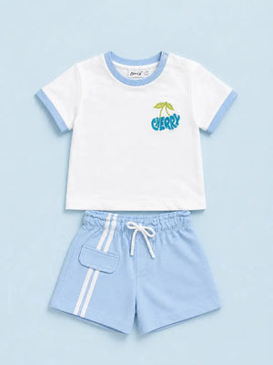 BloomUp Cherry Embroidered T-Shirt & Shorts Set for Boys – Soft Cotton Summer Co-ord Set