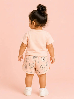 BloomUp Peach Bear Print T-Shirt & Shorts Co-ord Set for Girls – Soft Cotton Casual Summer Outfit