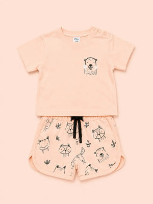 BloomUp Peach Bear Print T-Shirt & Shorts Co-ord Set for Girls – Soft Cotton Casual Summer Outfit