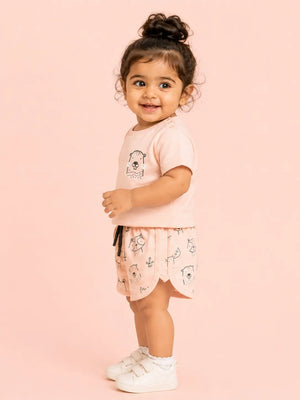 BloomUp Peach Bear Print T-Shirt & Shorts Co-ord Set for Girls – Soft Cotton Casual Summer Outfit