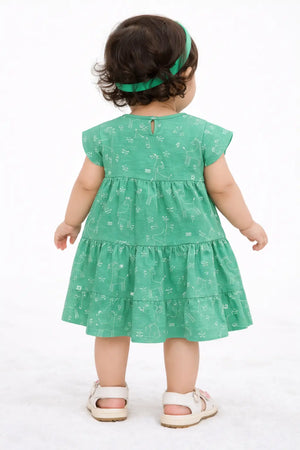 Green Printed Tiered Kids Dress – Soft Cotton Summer Wear for Girls BloomUp