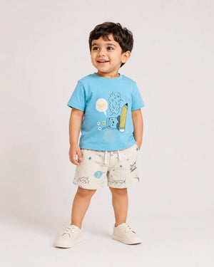BloomUp Sky Blue Graphic T-Shirt & Printed Shorts Set for Boys – Soft Cotton Casual Summer Outfit