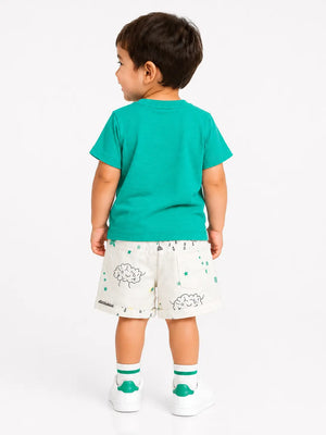 BloomUp Teal Graphic T-Shirt & Printed Shorts Set for Boys – Soft Cotton Casual Summer Outfit