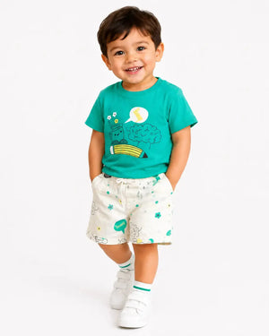 BloomUp Teal Graphic T-Shirt & Printed Shorts Set for Boys – Soft Cotton Casual Summer Outfit