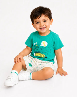 BloomUp Teal Graphic T-Shirt & Printed Shorts Set for Boys – Soft Cotton Casual Summer Outfit