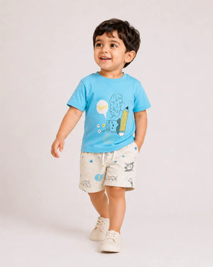 BloomUp Sky Blue Graphic T-Shirt & Printed Shorts Set for Boys – Soft Cotton Casual Summer Outfit