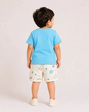 BloomUp Sky Blue Graphic T-Shirt & Printed Shorts Set for Boys – Soft Cotton Casual Summer Outfit