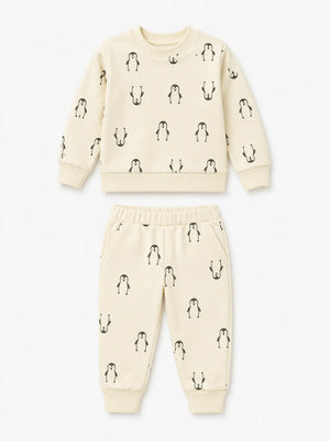 BloomUp Cream Penguin Print Co-ord Set for Baby Girls – Soft Sweatshirt & Jogger Pants Set