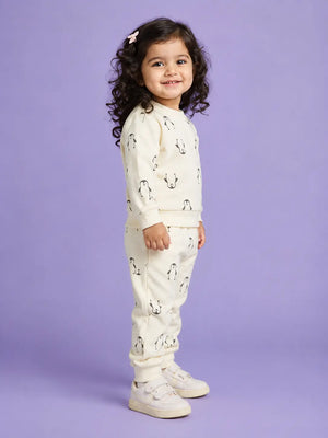 BloomUp Cream Penguin Print Co-ord Set for Baby Girls – Soft Sweatshirt & Jogger Pants Set