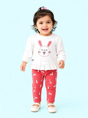 BloomUp White Bunny Graphic Peplum Top & Red Animal Print Leggings Set for Girls – Soft Cotton Baby Co-ord Outfit