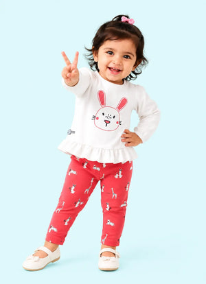 BloomUp White Bunny Graphic Peplum Top & Red Animal Print Leggings Set for Girls – Soft Cotton Baby Co-ord Outfit