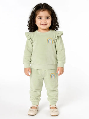 BloomUp Sage Green Rainbow Ruffle Sweatshirt & Jogger Set for Girls – Soft Velour Kids Winter Co-ord Outfit