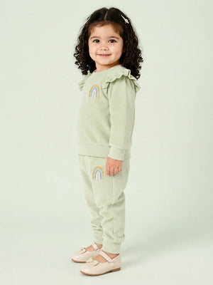 BloomUp Sage Green Rainbow Ruffle Sweatshirt & Jogger Set for Girls – Soft Velour Kids Winter Co-ord Outfit