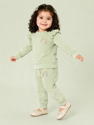 BloomUp Sage Green Rainbow Ruffle Sweatshirt & Jogger Set for Girls – Soft Velour Kids Winter Co-ord Outfit