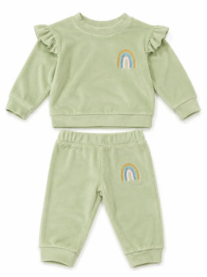 BloomUp Sage Green Rainbow Ruffle Sweatshirt & Jogger Set for Girls – Soft Velour Kids Winter Co-ord Outfit