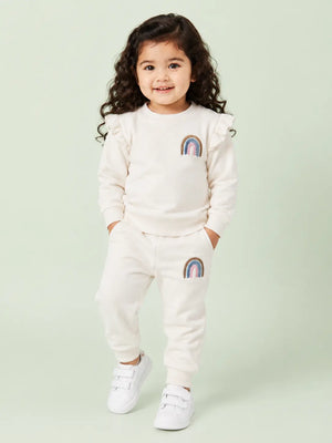 BloomUp Ivory Rainbow Applique Co-ord Set for Baby Girls – Soft Ruffle Sweatshirt & Jogger Pants Kids Outfit