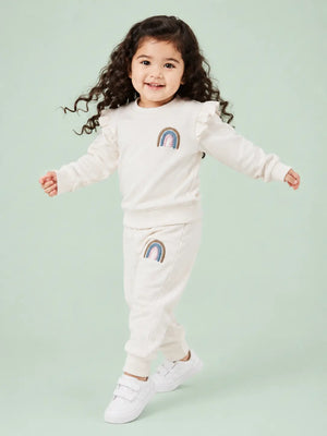 BloomUp Ivory Rainbow Applique Co-ord Set for Baby Girls – Soft Ruffle Sweatshirt & Jogger Pants Kids Outfit