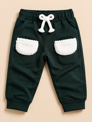 Dark Green Toddler Joggers with Fluffy White Pockets – Cozy & Playful Boys Pants BloomUp