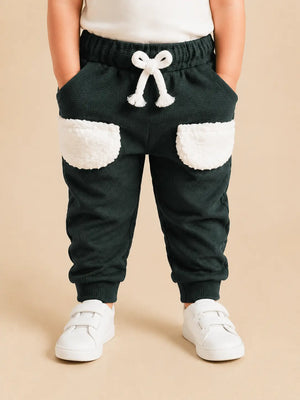 BloomUp Dark Green infant Joggers with Fluffy White Pockets – Cozy & Playful Boys Pants