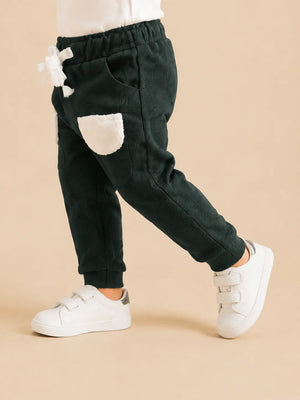 BloomUp Dark Green infant Joggers with Fluffy White Pockets – Cozy & Playful Boys Pants