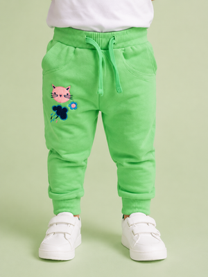 Bright Green Toddler Joggers with Cat Embroidery – Fun & Comfortable Boys Pants BloomUp