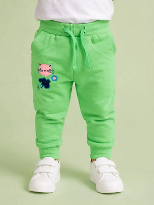BloomUp Bright Green infants Joggers with Cat Embroidery – Fun & Comfortable Boys Pants