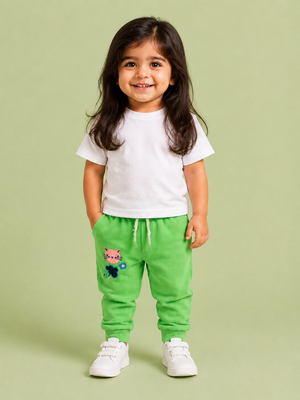 Bright Green Toddler Joggers with Cat Embroidery – Fun & Comfortable Boys Pants BloomUp
