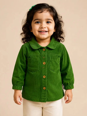 BloomUp Green Corduroy-Down Shirt for Girls – Soft Textured Kids Casual Layering Shirt