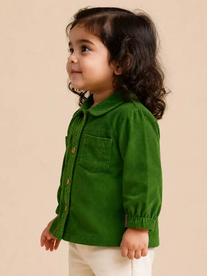 BloomUp Green Corduroy-Down Shirt for Girls – Soft Textured Kids Casual Layering Shirt