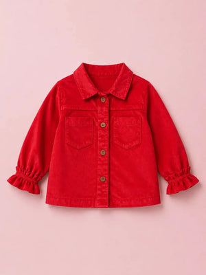BloomUp Red Corduroy-Down Shirt for Girls – Soft Textured Kids Casual Layering Shirt