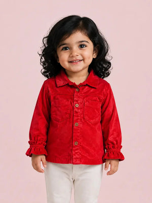 BloomUp Red Corduroy-Down Shirt for Girls – Soft Textured Kids Casual Layering Shirt