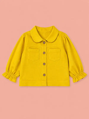 BloomUp Yellow Corduroy Button-Down Shirt for Girls – Soft Kids Casual Layering Top with Ruffle Sleeves