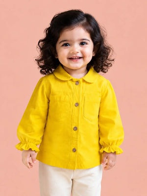 BloomUp Yellow Corduroy Button-Down Shirt for Girls – Soft Kids Casual Layering Top with Ruffle Sleeves
