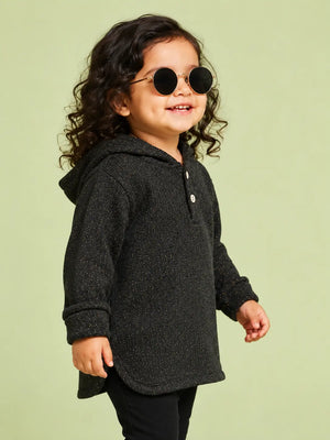 BloomUp Black Hooded Full Sleeve Henley T-Shirt for Boys – Soft Cotton Casual Wear with Hood
