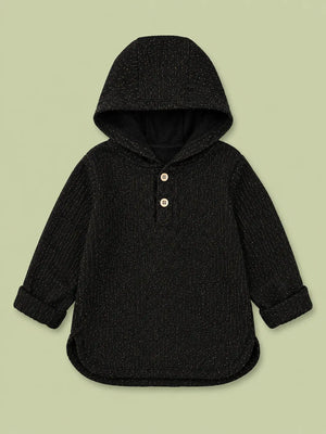BloomUp Black Hooded Full Sleeve Henley T-Shirt for Boys – Soft Cotton Casual Wear with Hood