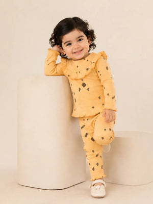 BloomUp Mustard Yellow Black Spot Print Ribbed Ruffle Top & Leggings Set for Girls – Soft Cotton Blend Baby Co-ord Outfit