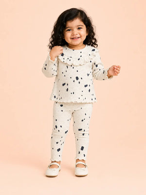 BloomUp White Black Spot Print Ribbed Ruffle Top & Leggings Set for Girls – Soft Cotton Blend Baby Co-ord Outfit
