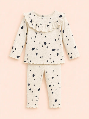 BloomUp White Black Spot Print Ribbed Ruffle Top & Leggings Set for Girls – Soft Cotton Blend Baby Co-ord Outfit