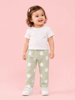 BloomUp Sage Green Polka Dot Pants for Girls – Soft Cotton Kids Daily Wear Bottoms