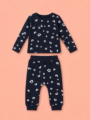 BloomUp Navy Blue Leopard Print Ribbed Co-ord Set for Baby Girls – Soft Full Sleeve Top & Jogger Pants Set
