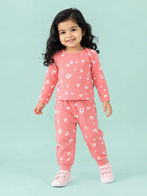 BloomUp Coral Pink Leopard Print Ribbed Co-ord Set for Baby Girls – Soft Full Sleeve Top & Jogger Pants Set
