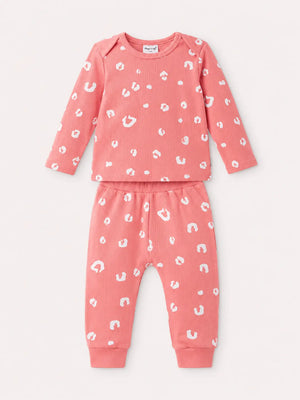 BloomUp Coral Pink Leopard Print Ribbed Co-ord Set for Baby Girls – Soft Full Sleeve Top & Jogger Pants Set