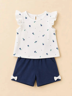 BloomUp White Floral Top & Navy Shorts Set for Girls – Soft Cotton Casual Summer Outfit