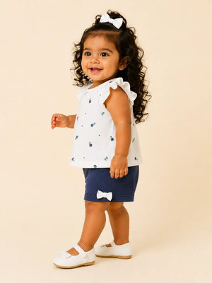 BloomUp White Floral Top & Navy Shorts Set for Girls – Soft Cotton Casual Summer Outfit