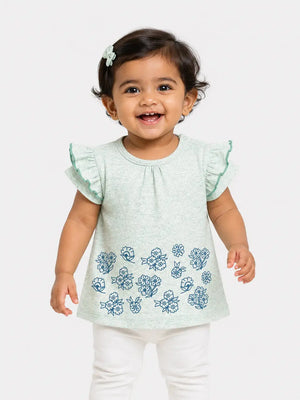 BloomUp Mint Green Floral Print Top for Girls – Soft Cotton Casual Summer Wear