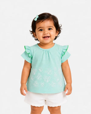 BloomUp Aqua Floral Print Top for Girls – Soft Cotton Casual Summer Wear