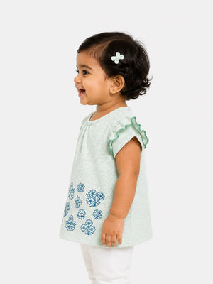 BloomUp Mint Green Floral Print Top for Girls – Soft Cotton Casual Summer Wear