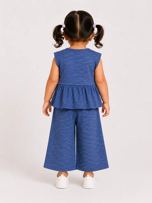 BloomUp Navy Blue Sleeveless Peplum Top & Wide Leg Pants Co-ord Set for Girls – Soft Cotton Casual Outfit