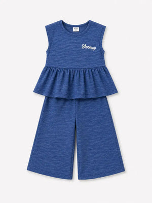 BloomUp Navy Blue Sleeveless Peplum Top & Wide Leg Pants Co-ord Set for Girls – Soft Cotton Casual Outfit