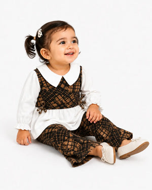 BloomUp Brown Check Peplum Top & Flared Pants Set for Girls – Soft Cotton Casual Party Wear